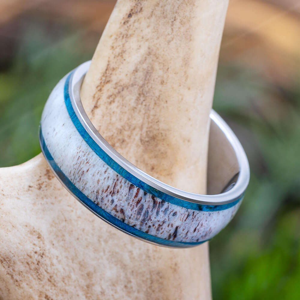 Deer Antler Wedding Band with Blue Pinstripes