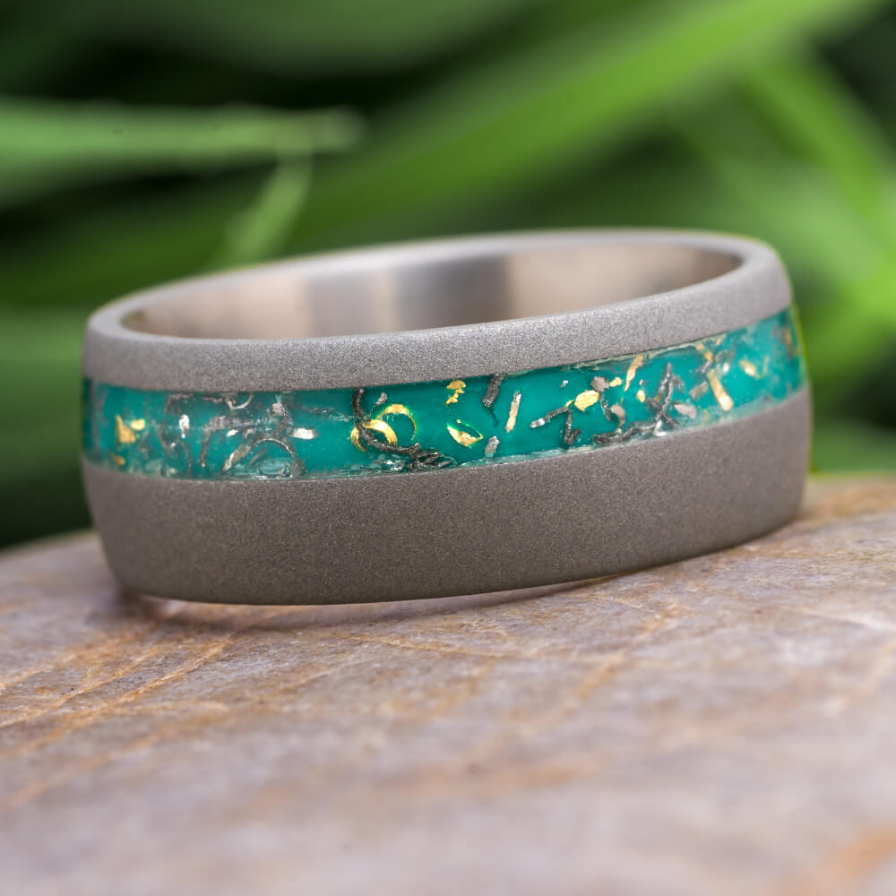 Green Stardust Meteorite Wedding Band