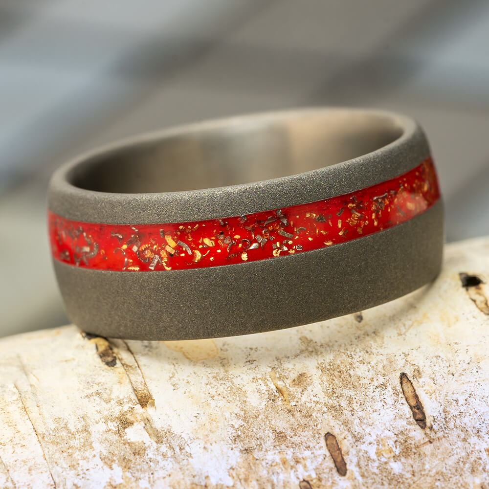 Meteorite Wedding Band with Red Meteorite Stardust