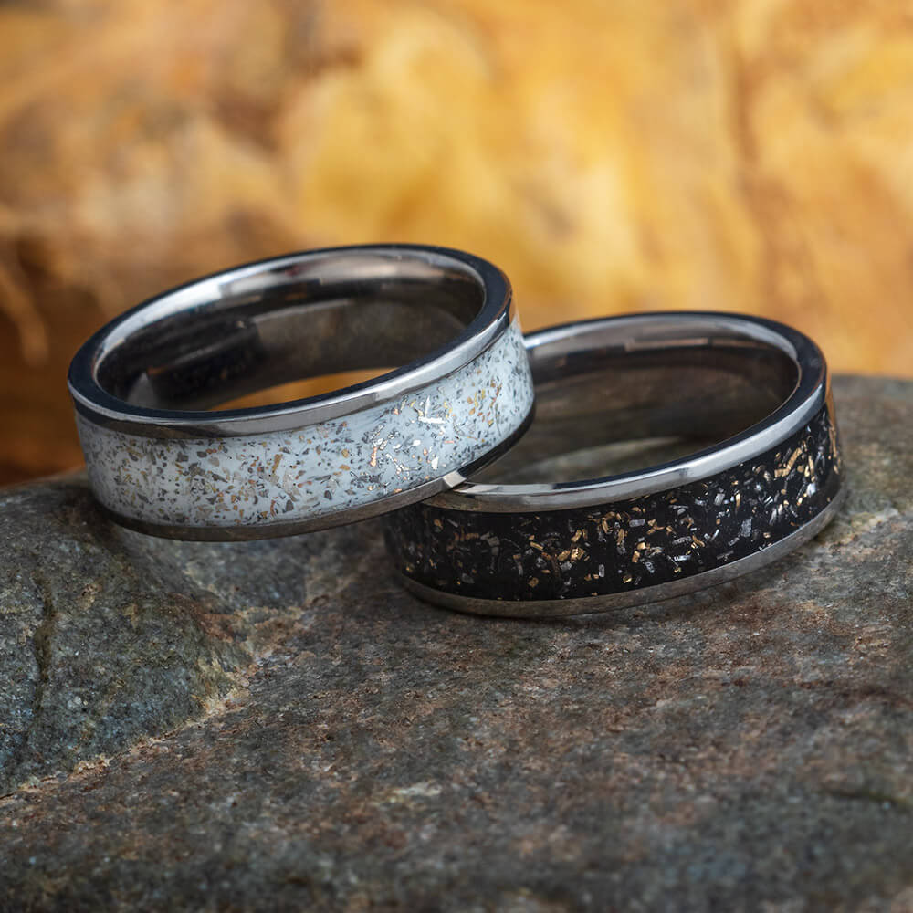 Black And White Stardust™ TItanium Wedding Band Set