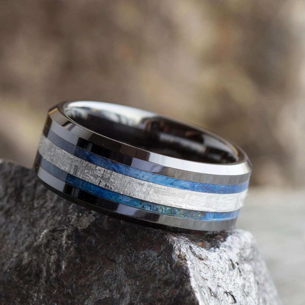 Meteorite and Blue Box Elder Burl Wood Ring With Beveled Edges-2544 - Jewelry by Johan