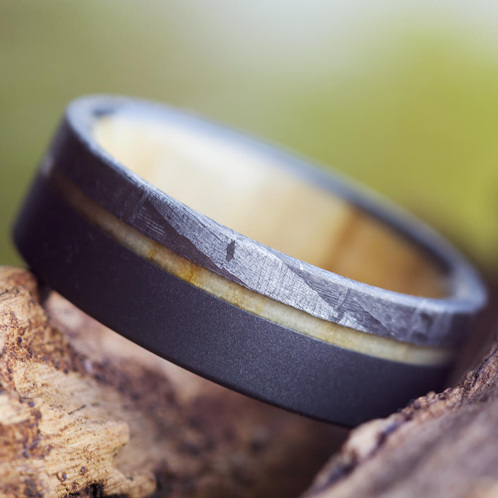 Aspen Wood Men's Wedding Band With Meteorite, Sandblasted Titanium Ring-2608 - Jewelry by Johan