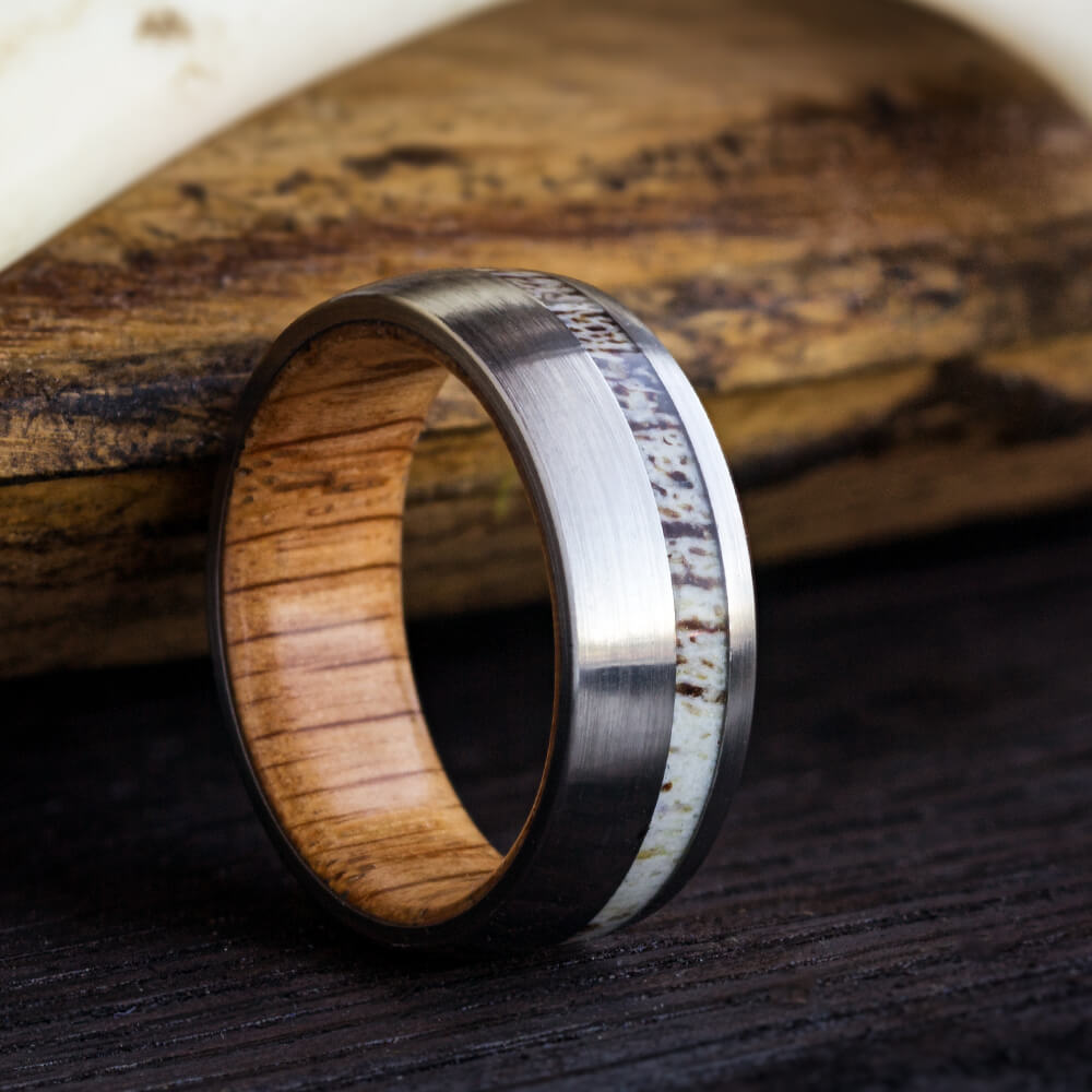 Brushed Titanium Wedding Band With Oak Wood Sleeve And Antler-2702 - Jewelry by Johan