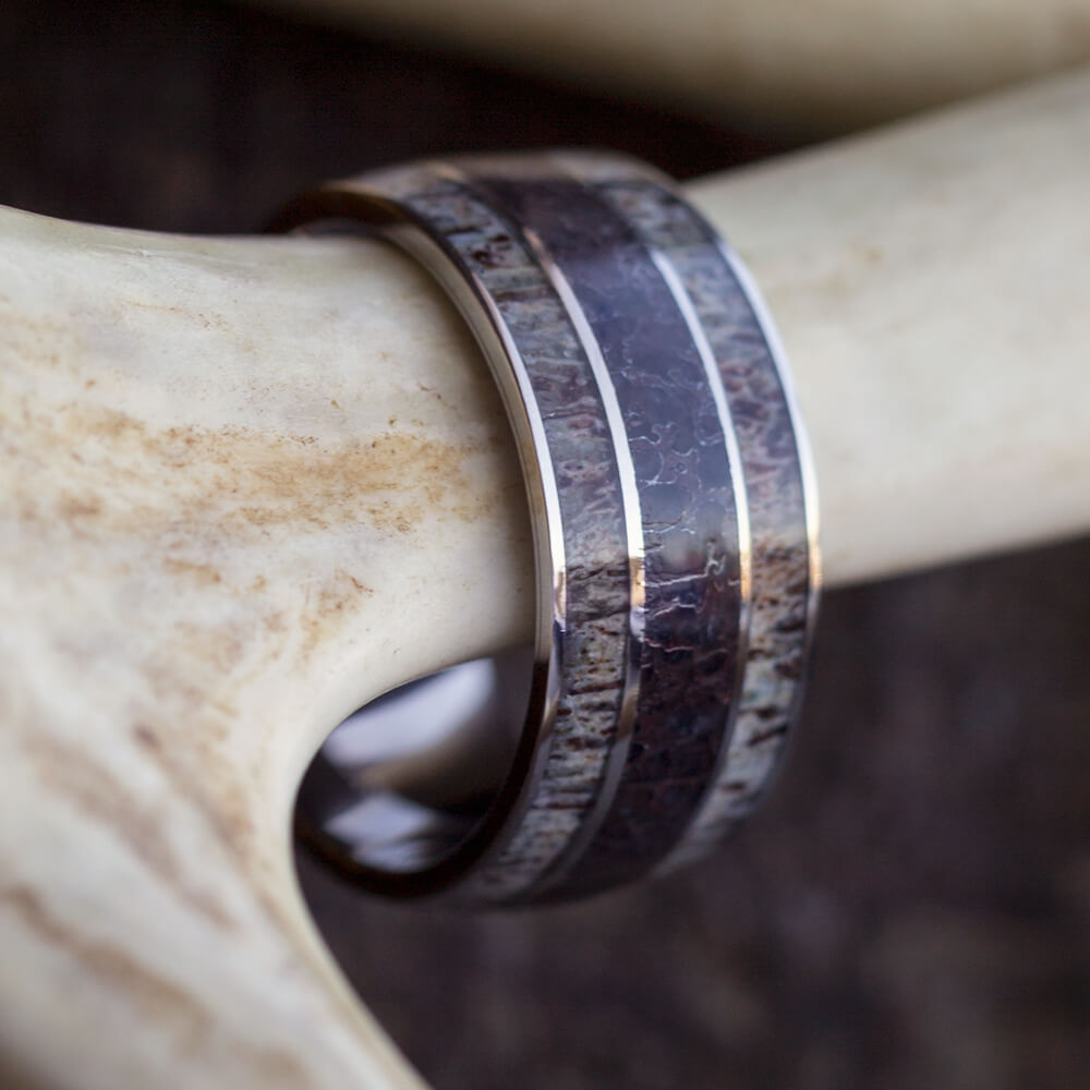 Thick Wedding Band With Dinosaur Bone And Deer Antler-2734 - Jewelry by Johan