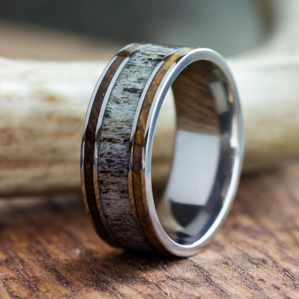 Whiskey Barrel Wood and Antler Men's Wedding Band-2762 - Jewelry by Johan