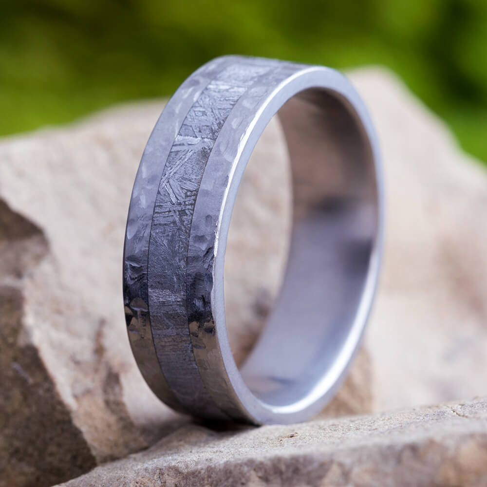 Hammered Titanium Men's Wedding Band With Gibeon Meteorite-3732 - Jewelry by Johan