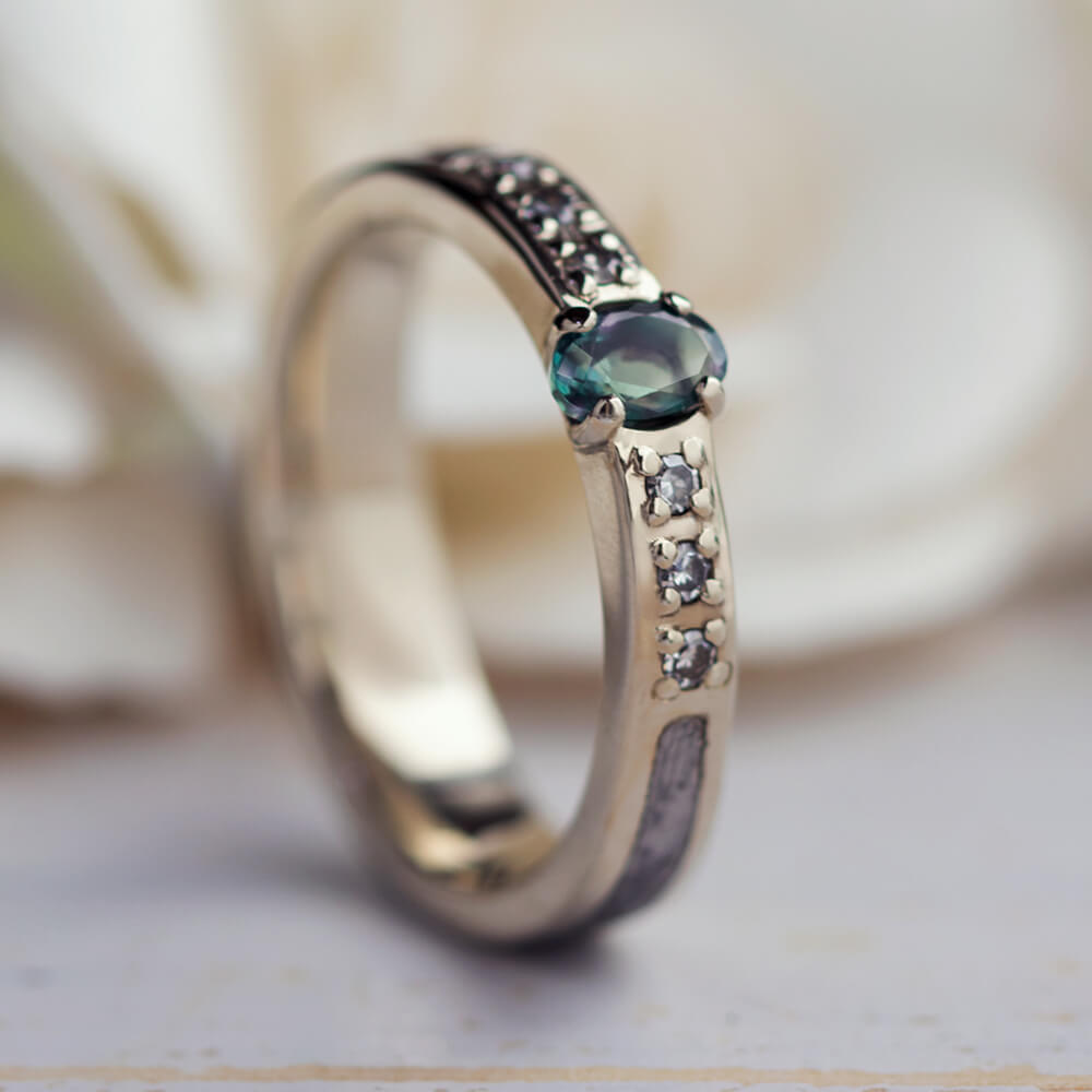 Alexandrite Wedding Ring, White Gold And Meteorite Engagement Ring-3753 - Jewelry by Johan