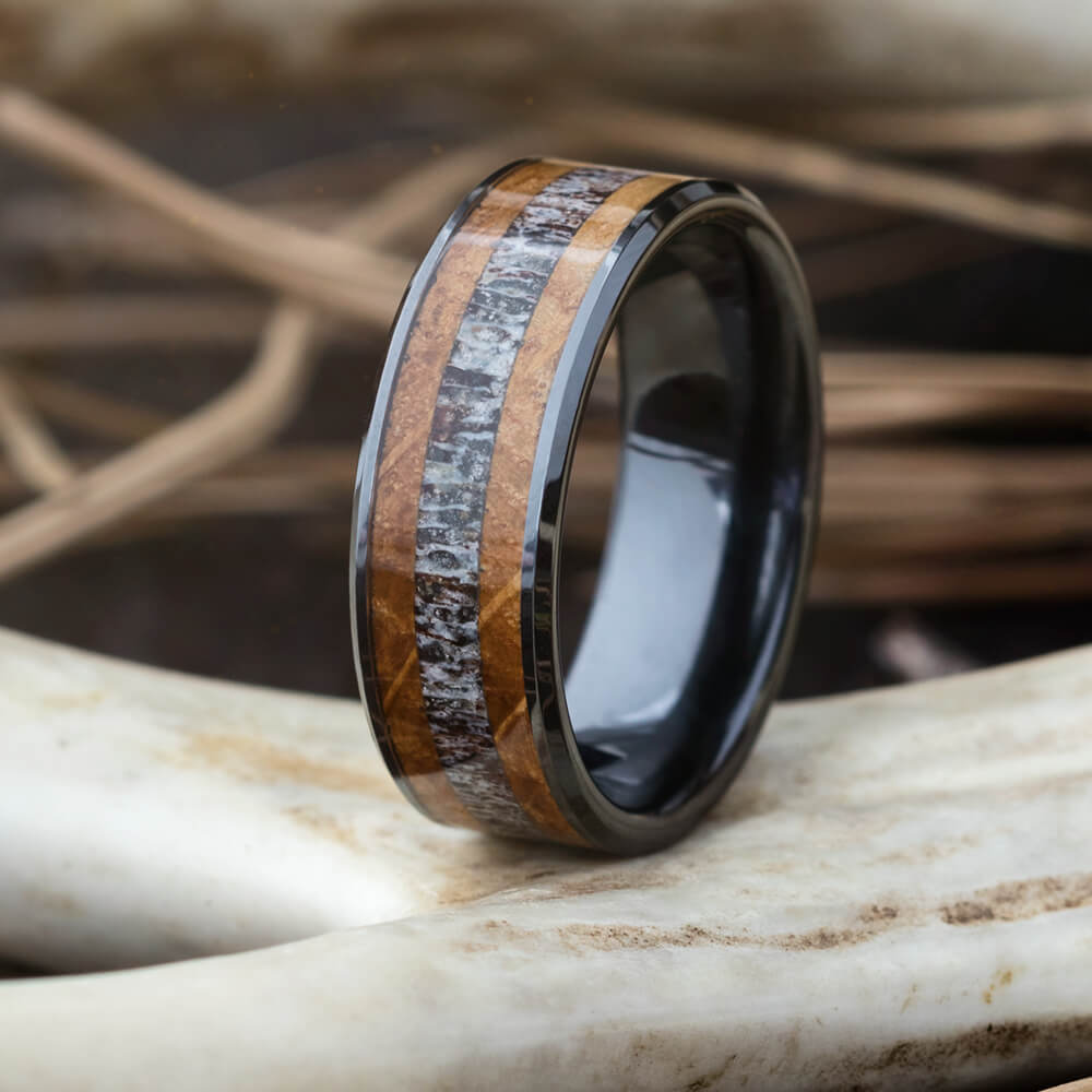 Deer Antler Wedding Band With Whiskey Barrel Oak In Black Ceramic-3764 - Jewelry by Johan