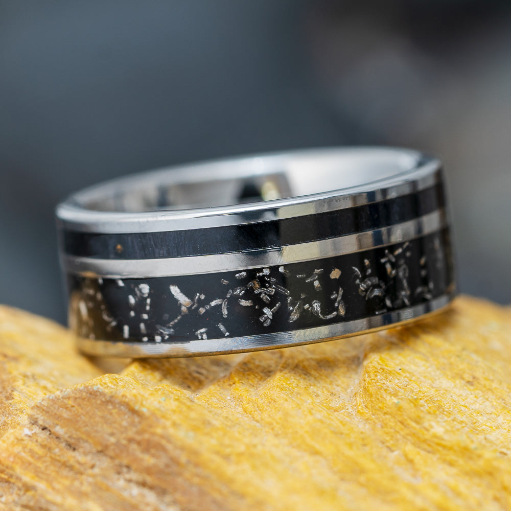 Meteorite and Black Wood Wedding Band