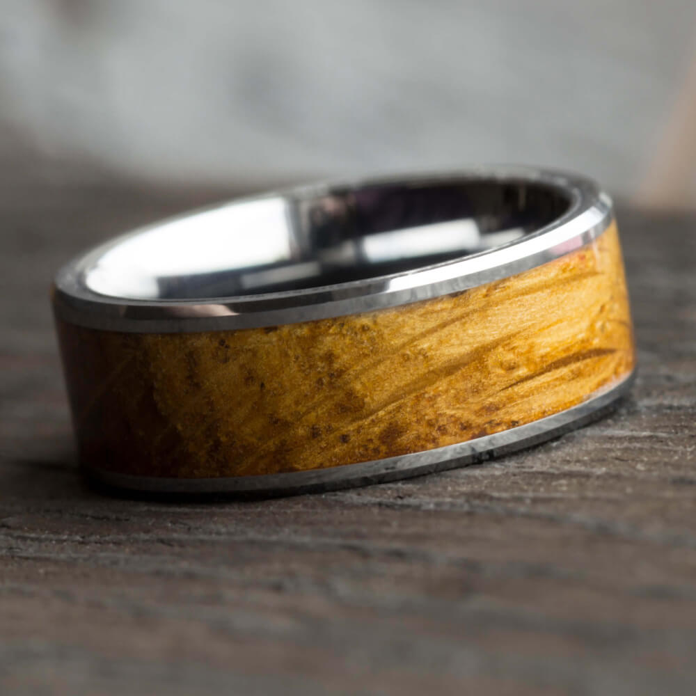 Whiskey Barrel Oak Wood Wedding Band with Beveled Tungsten