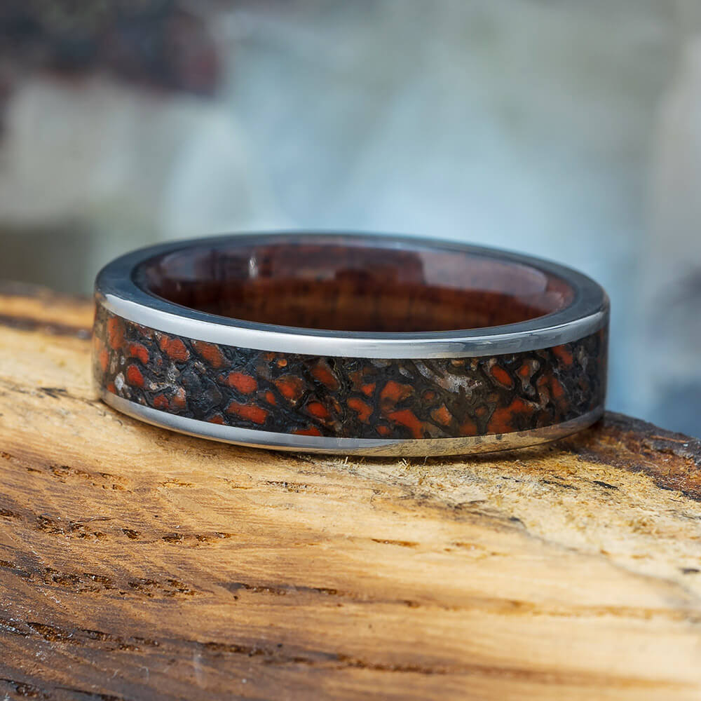 Dinosaur Bone Wedding Band with Wood Sleeve