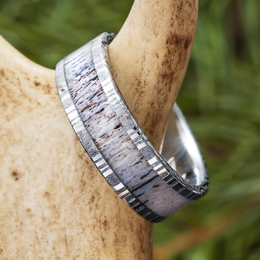 Damascus Steel Wedding Band with Deer Antler