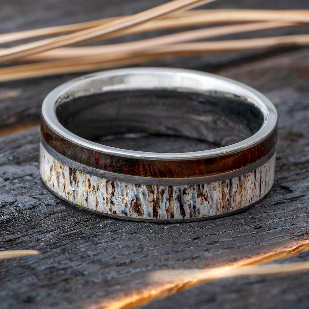 Manly Deer Antler Wedding Band With Ironwood In Titanium-3499 - Jewelry by Johan