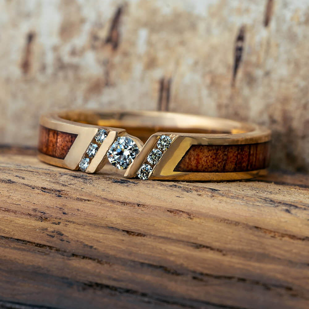 Unique Diamond Engagement Ring With Koa Wood, Yellow Gold Ring-3595 - Jewelry by Johan