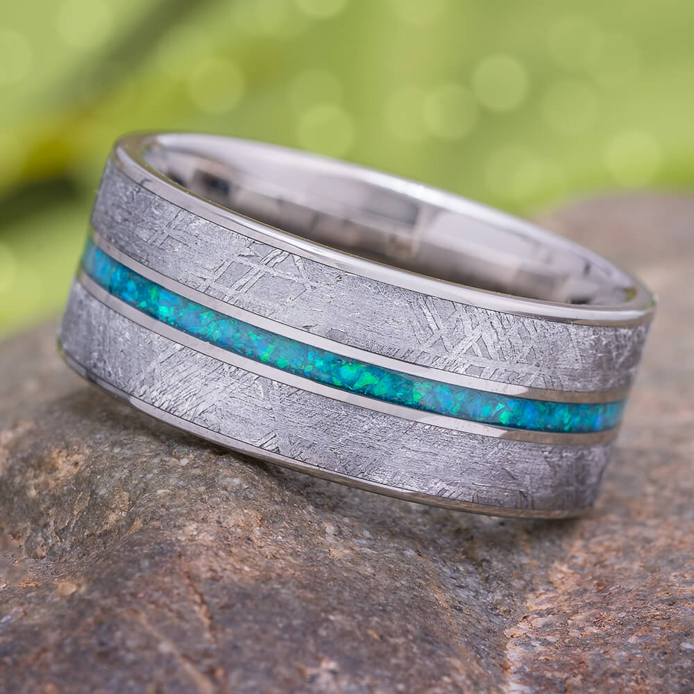 Meteorite and Opal Wedding Band