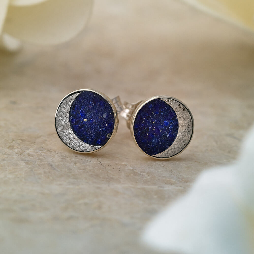 Lapis Lazuli Stud Earrings with Meteorite Moon, In Stock-SIG3058 - Jewelry by Johan