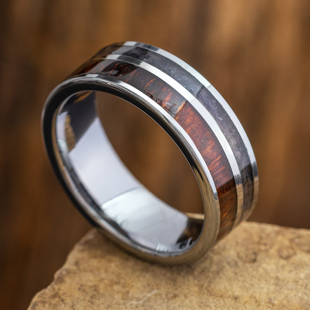 Crushed Obsidian Wedding Band With Ironwood, Tungsten Ring With Titanium-3697 - Jewelry by Johan