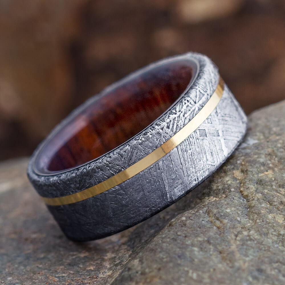 Meteorite Men's Wedding Band With Ironwood Sleeve And Yellow Gold Pinstripe-3714 - Jewelry by Johan