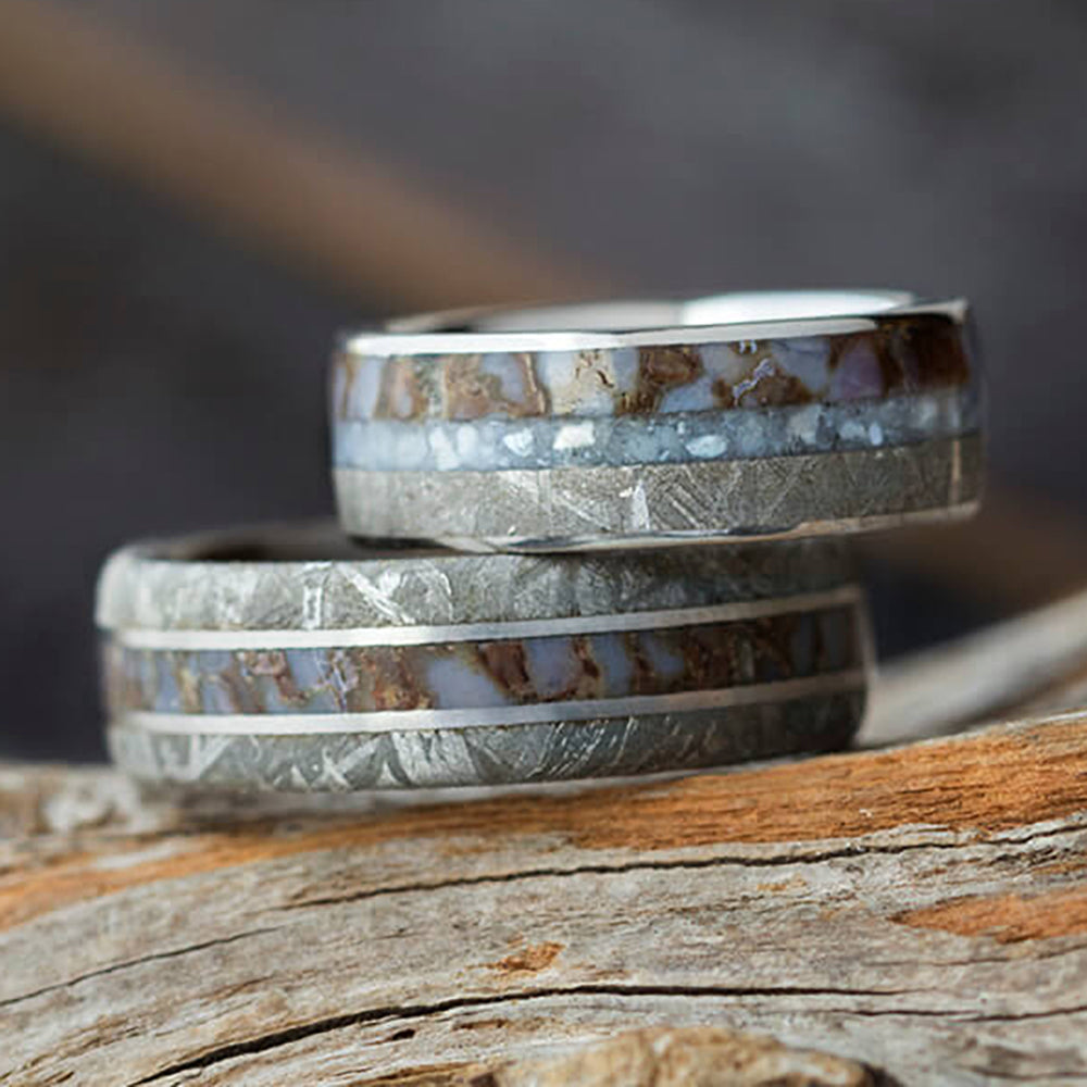 Matching Wedding Band Set With Meteorite and Dinosaur Bone