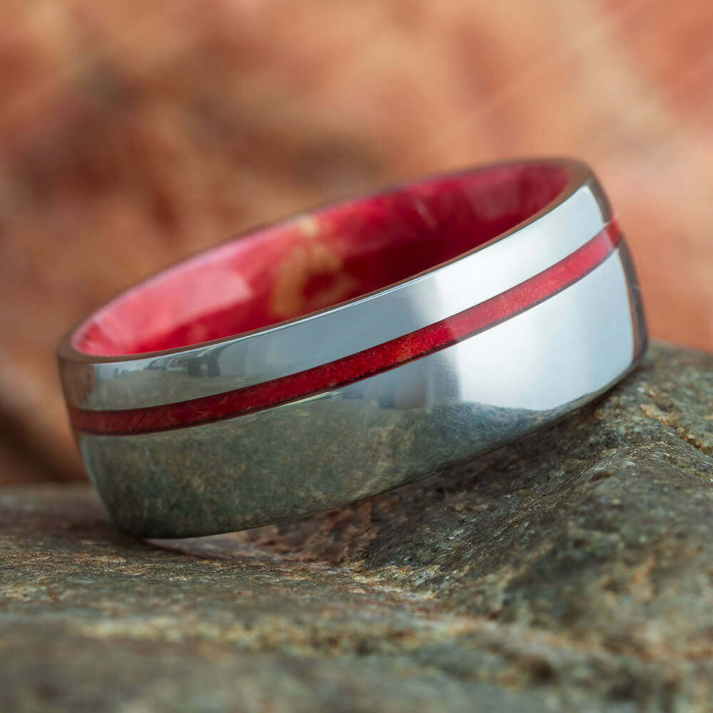 Red Box Elder Ring With Wooden Sleeve And Titanium-3823 - Jewelry by Johan