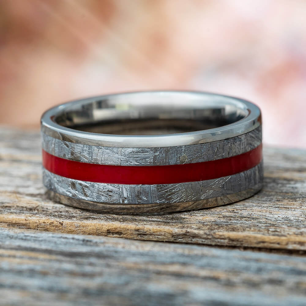 Meteorite and Red Enamel Wedding Band