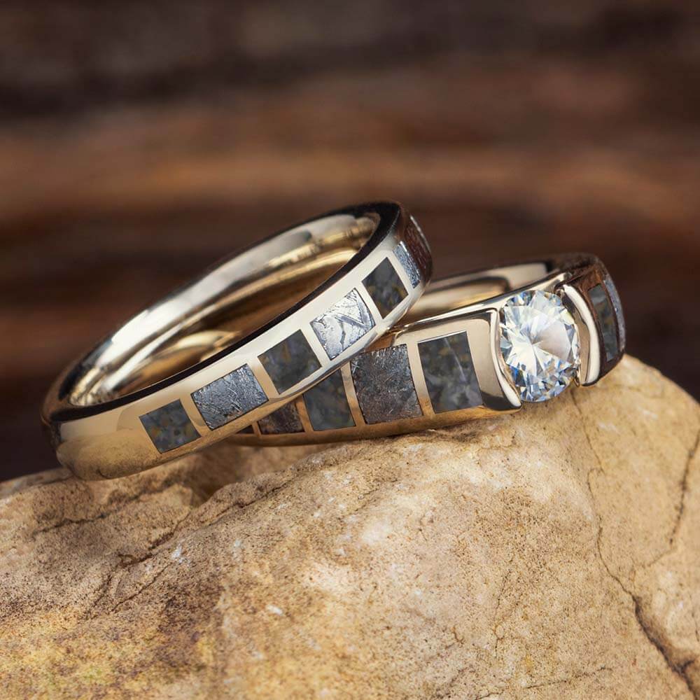 Meteorite and Dino Bone Wedding Ring Set