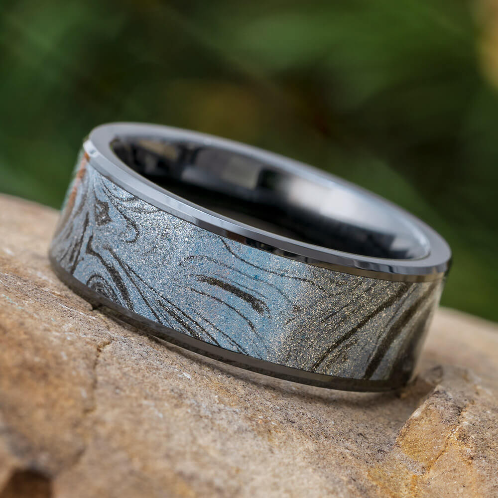 Cobaltium Mokume Wedding Band in Beveled Black Ceramic-4005 - Jewelry by Johan