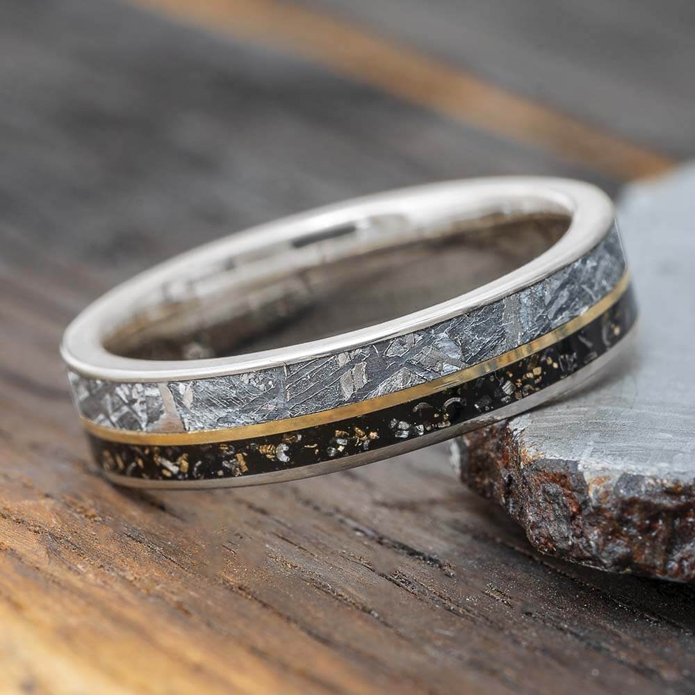 Yellow Gold Pinstripe Wedding Band with Meteorite