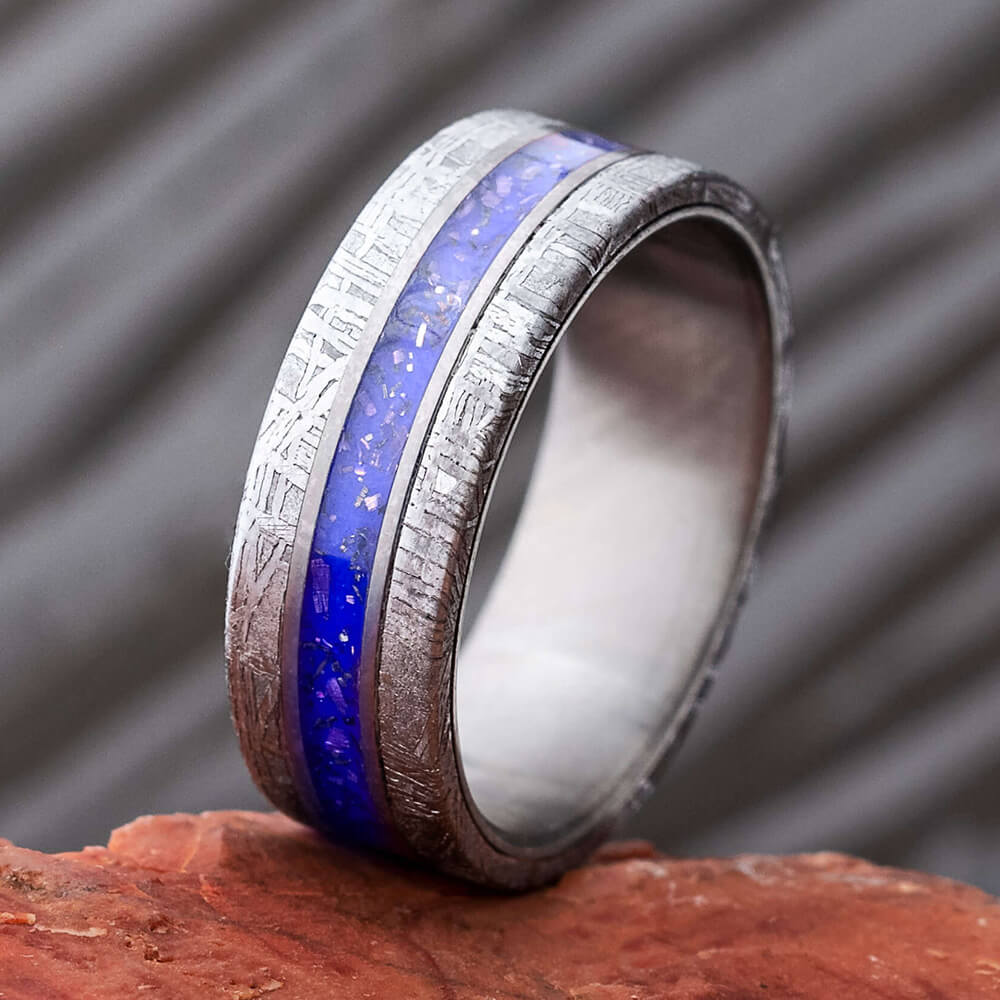 Blue Stardust Wedding Band with Meteorite