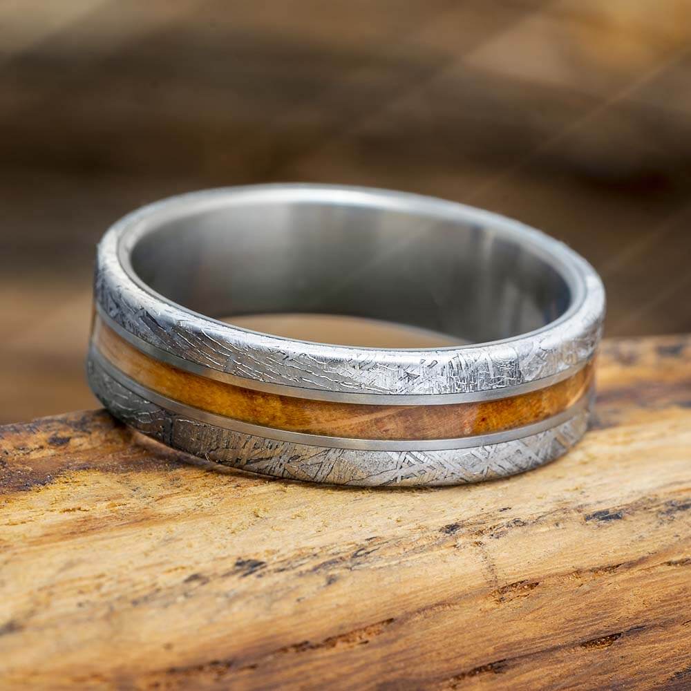 Meteorite and Whiskey Barrel Oak Wood Wedding Band