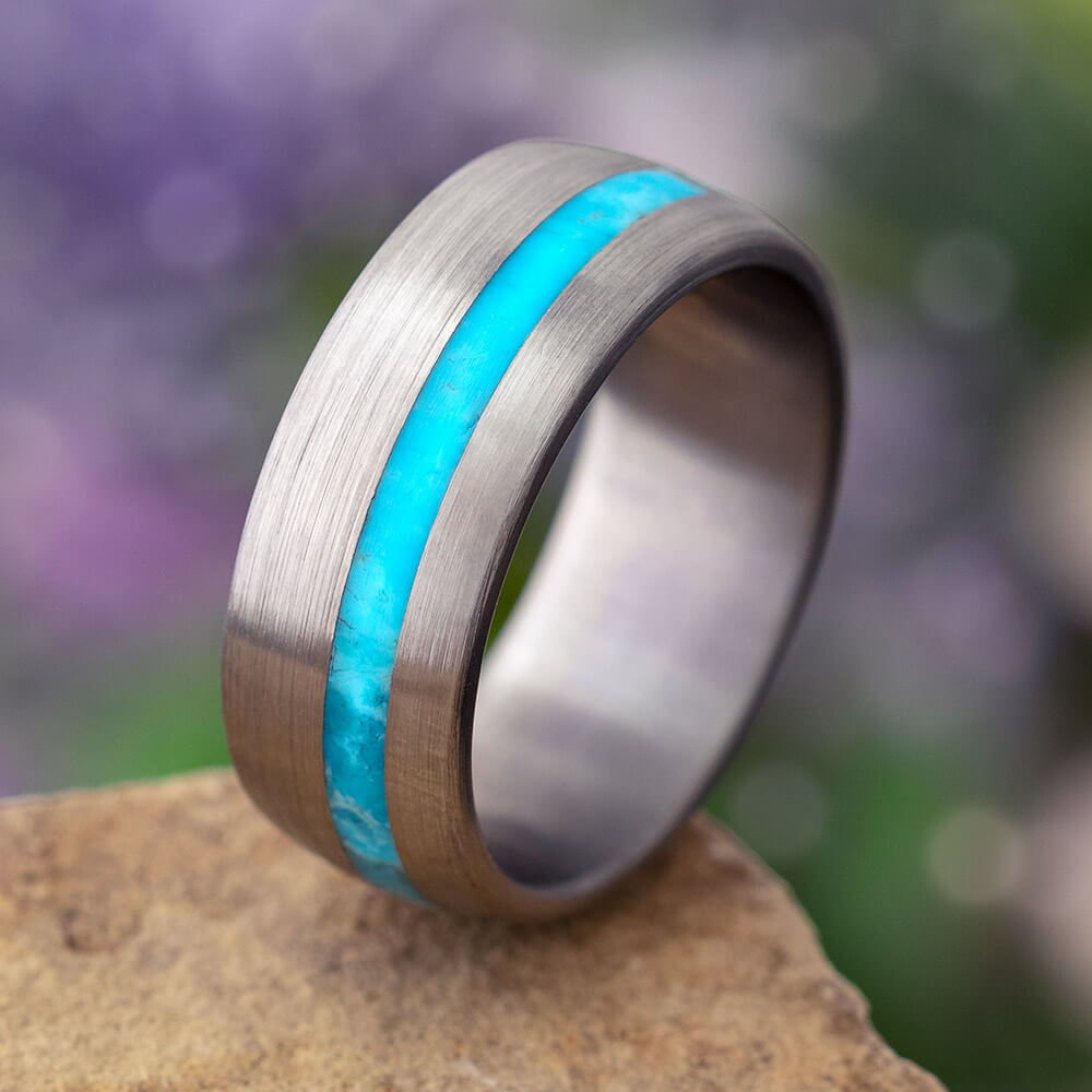 Turquoise Wedding Band With Brushed Titanium Finish-4223 - Jewelry by Johan