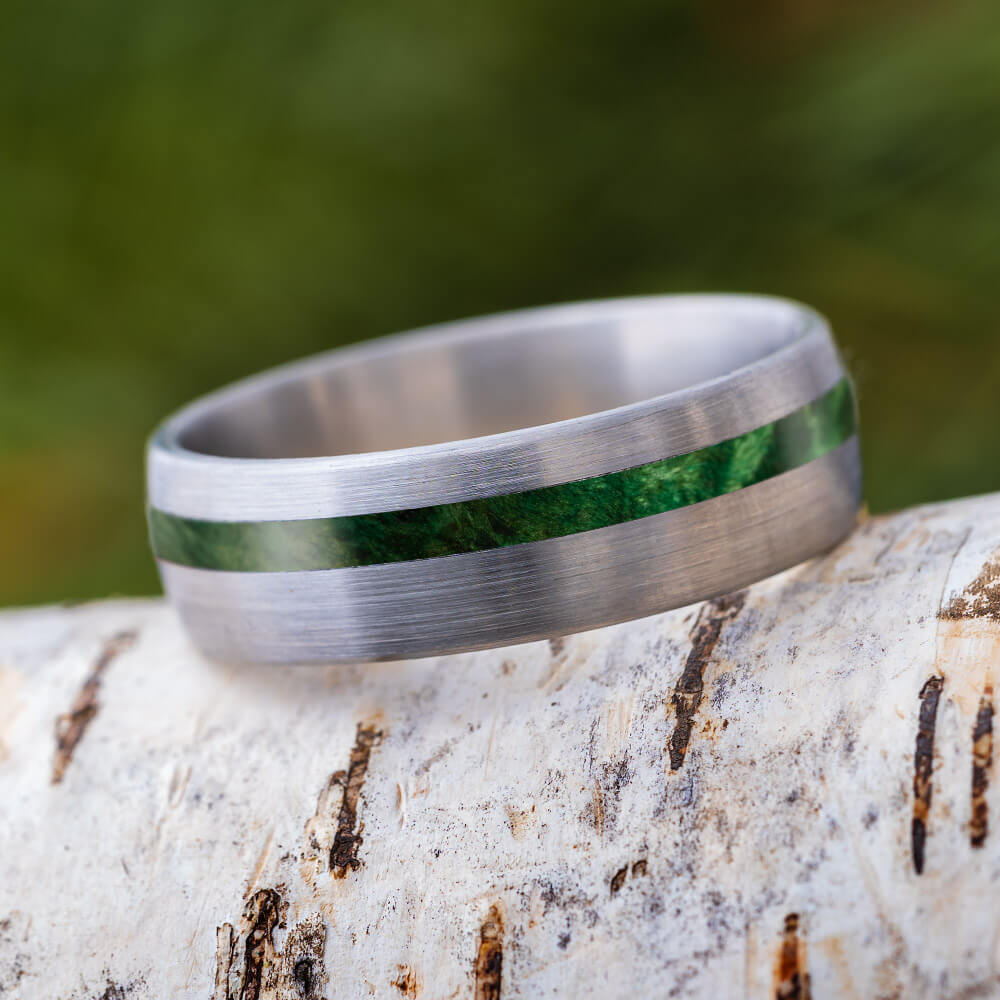 Green Box Elder Burl Ring With Brushed Titanium Finish-4232 - Jewelry by Johan