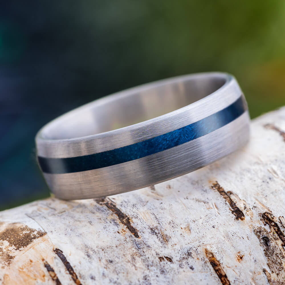 Blue Box Elder Wood Wedding Band With Brushed Titanium-4233 - Jewelry by Johan