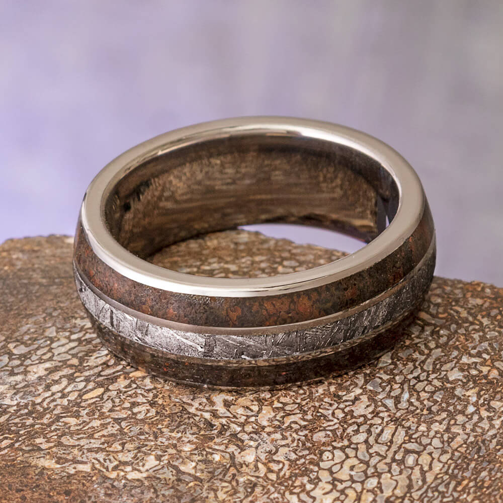 Dinosaur Bone Men's Wedding Band With Meteorite And Titanium-4237 - Jewelry by Johan