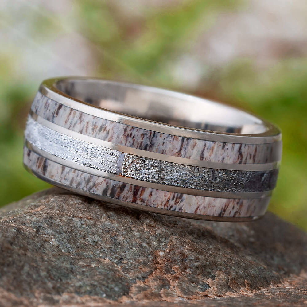 Deer Antler and Meteorite Wedding Band for Men