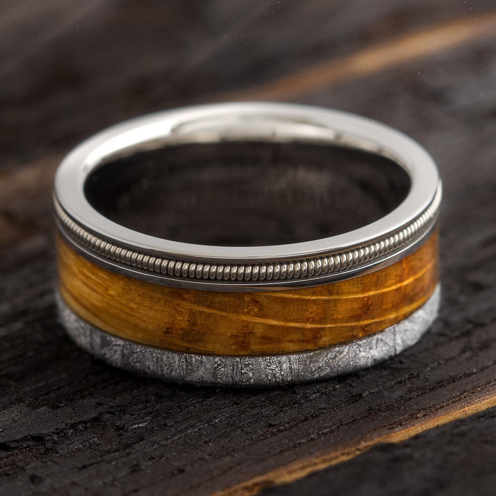 Bass Guitar String Ring With Meteorite And Whiskey Barrel Oak-4312 - Jewelry by Johan