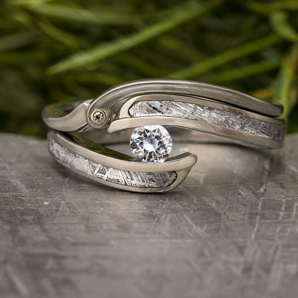 Tension Set Meteorite Engagement Ring & Matching Band 