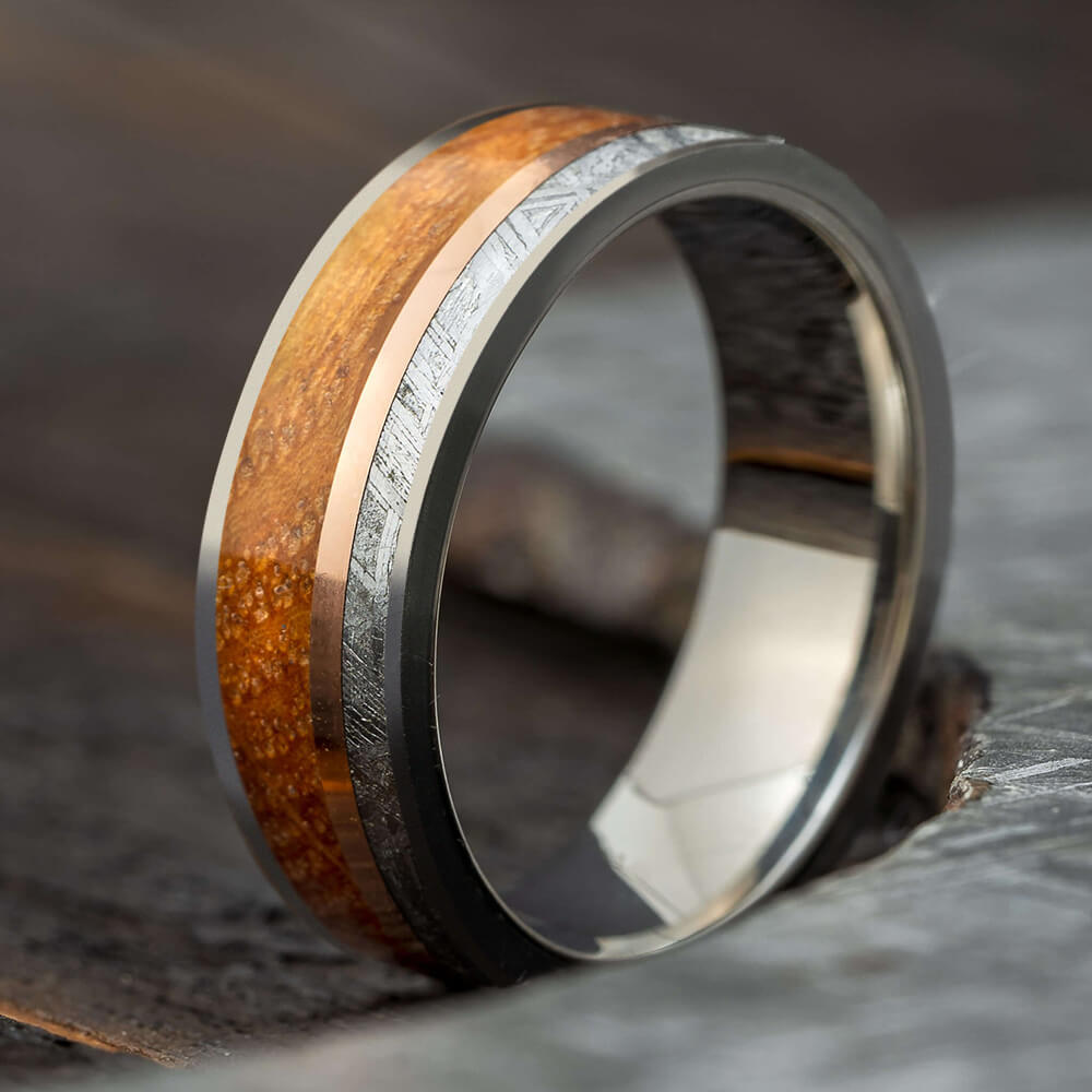 Meteorite and Whiskey Barrel Oak Wood Wedding Band