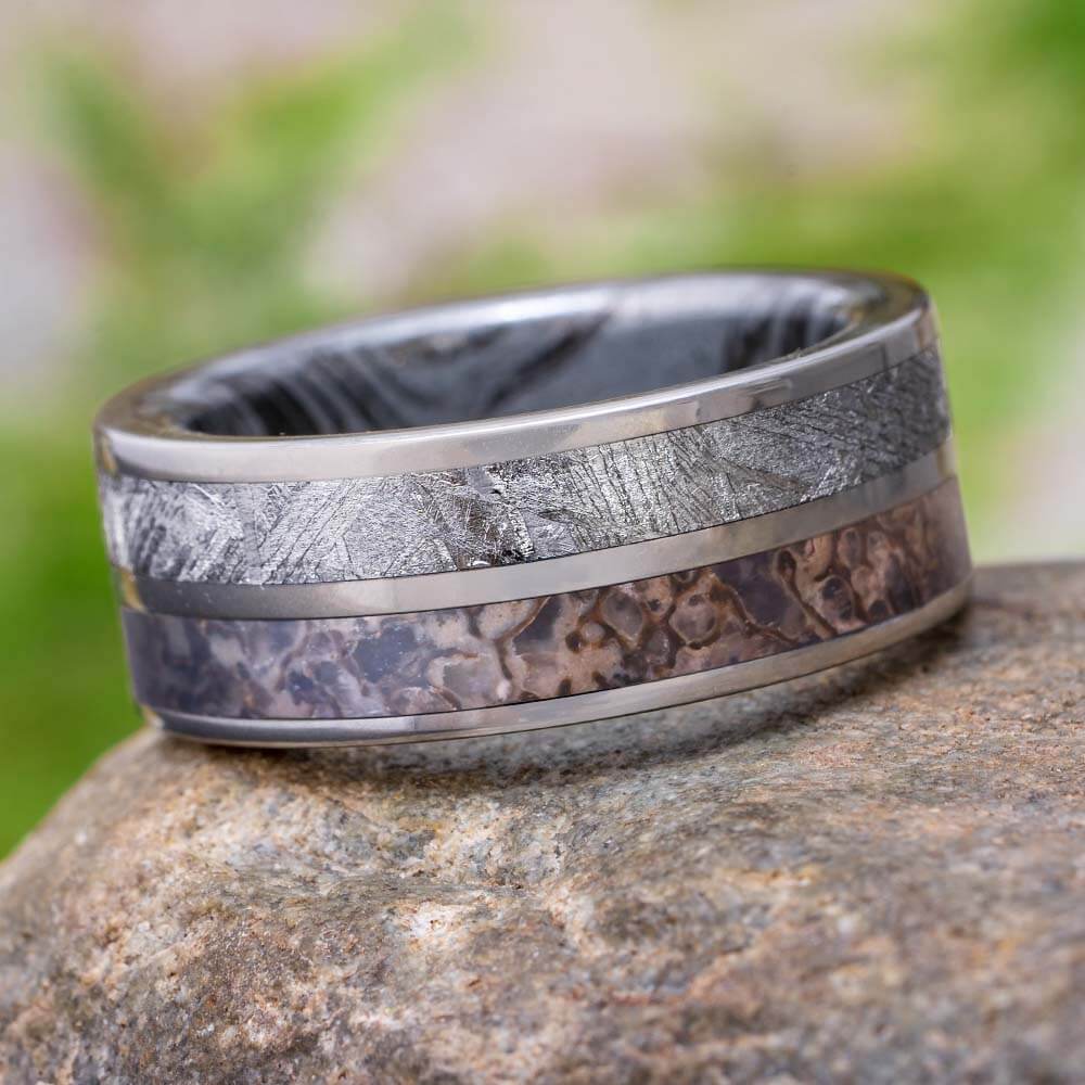 Meteorite and Mokume Gane Wedding Band with Dinosaur Bone