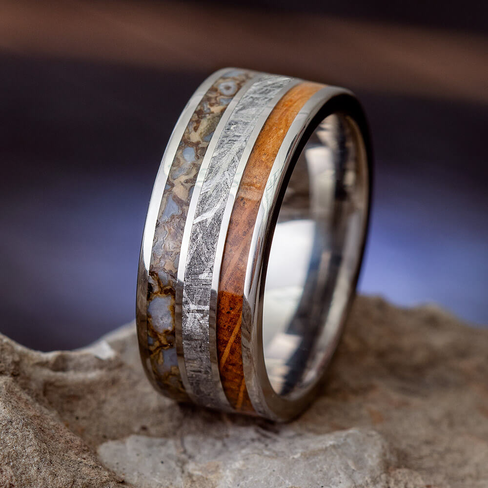 Meteorite, Dino Bone & Whiskey Oak Wedding Band-4437 - Jewelry by Johan