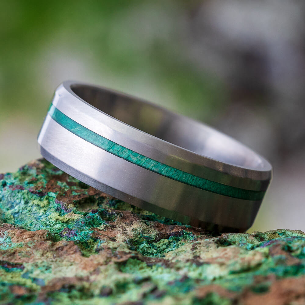 Men's Matte Titanium Wedding Band with Green Wood Pinstripe-4451 - Jewelry by Johan