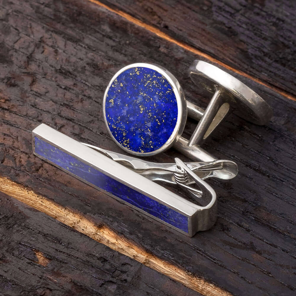 Something Blue Gift Set - Lapis Lazuli Cuff Links And Tie Clip Bundle-4490 - Jewelry by Johan