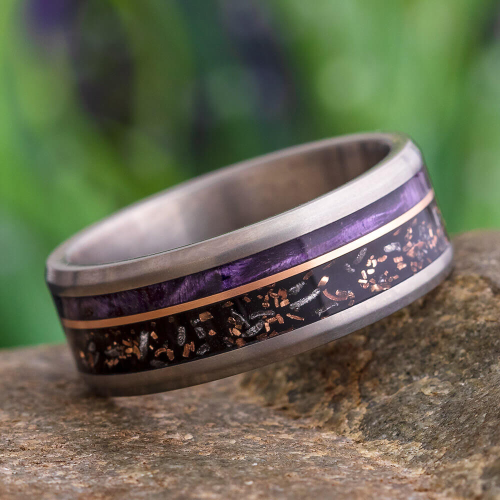 Black Stardust™ Wedding Band with Purple Box Elder Wood Burl-4537 - Jewelry by Johan