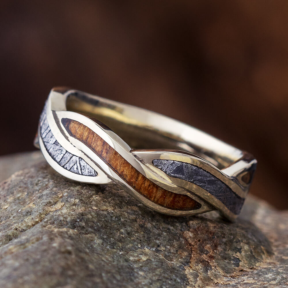 Meteorite and Koa Wood Twist Wedding Band-4538 - Jewelry by Johan