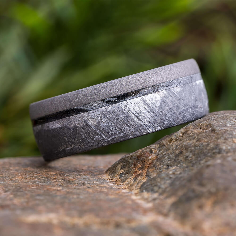 Meteorite Wedding Band with Black and White Mokume - Jewelry by Johan