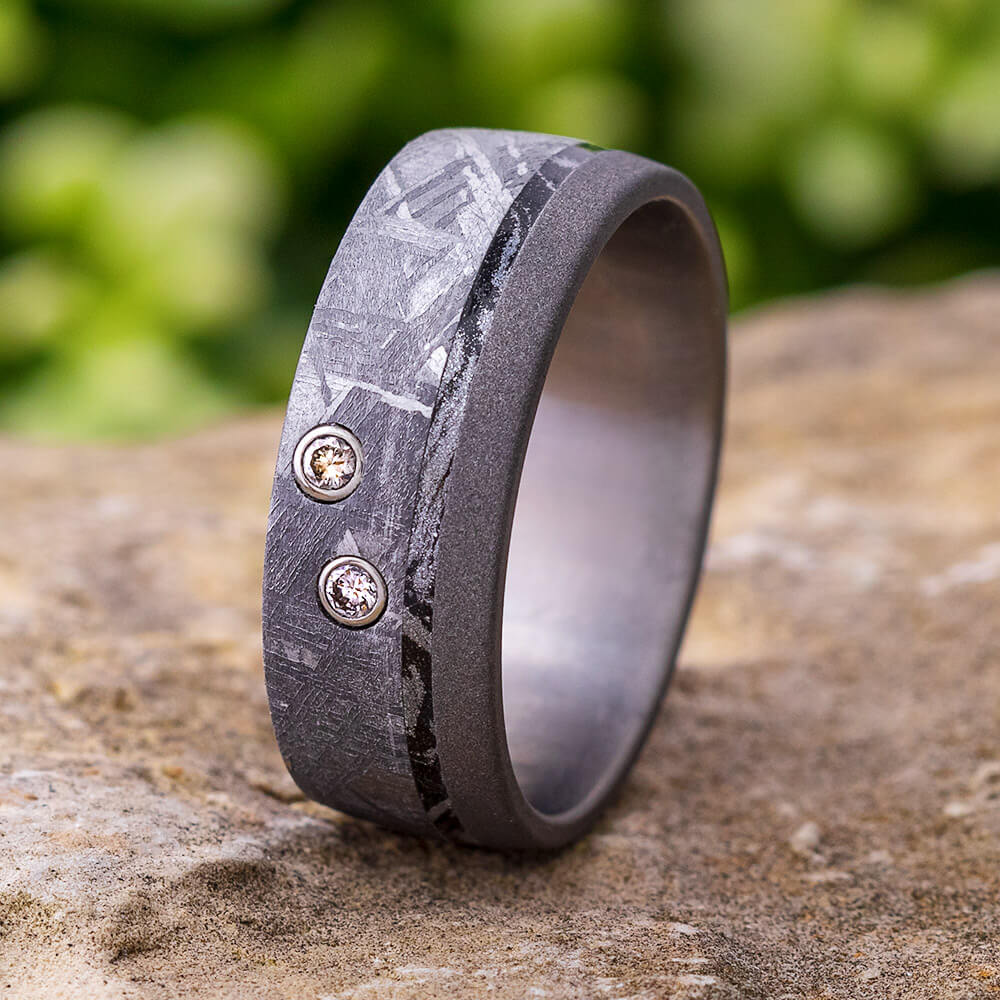 Diamond Meteorite Wedding Band with Black and White Mokume-4555 - Jewelry by Johan