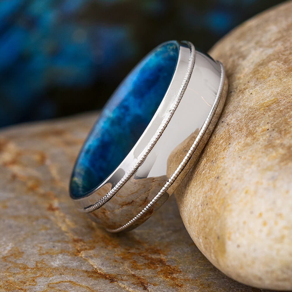 Platinum Wedding Band with Blue Box Elder Wood Sleeve-4583 - Jewelry by Johan