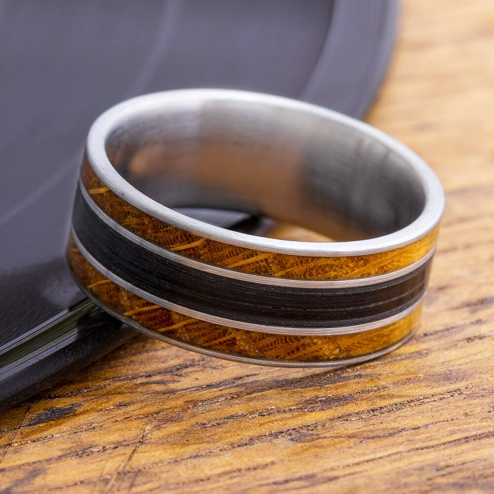 Men's Vinyl Record Ring with Whiskey Barrel Wood-4587 - Jewelry by Johan