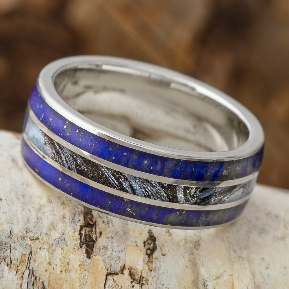 White Gold & Blue Lapis Lazuli Wedding Band with Mokume