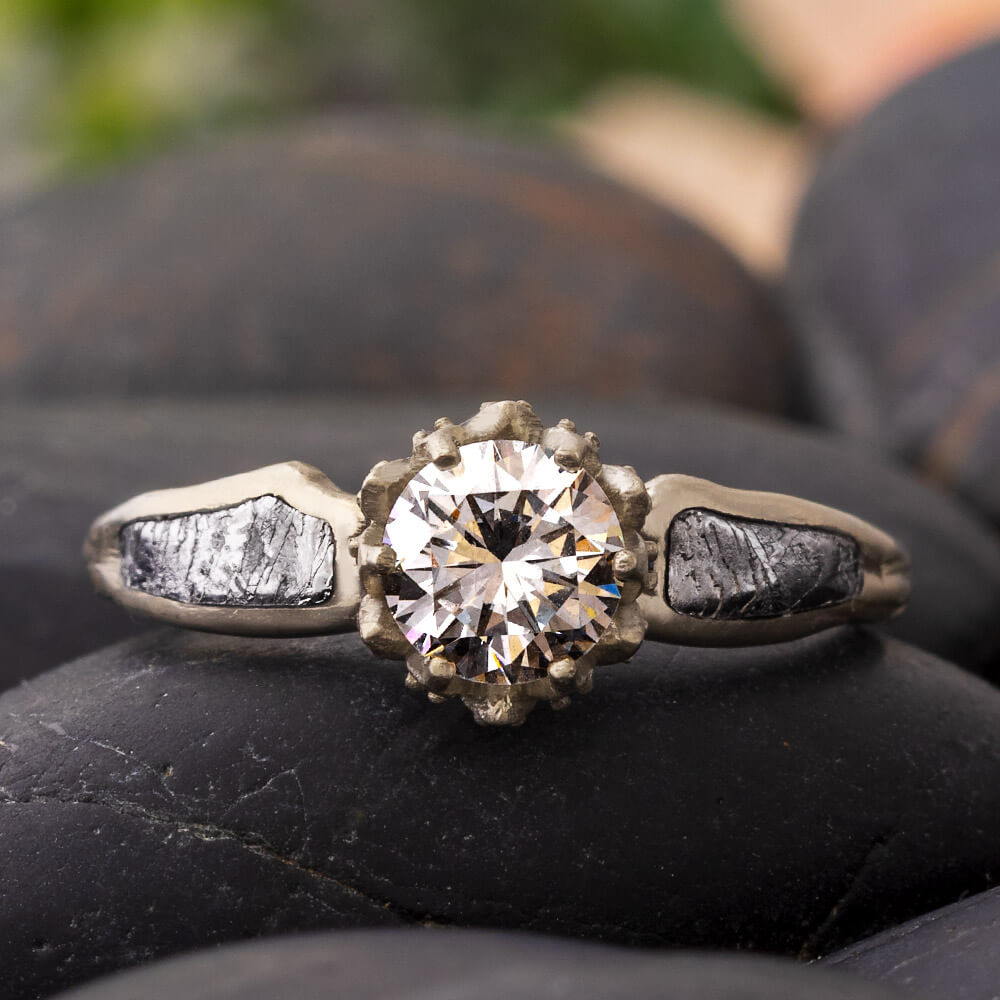 Meteorite Engagement Ring with Moissanite in Lotus Setting-4649 - Jewelry by Johan